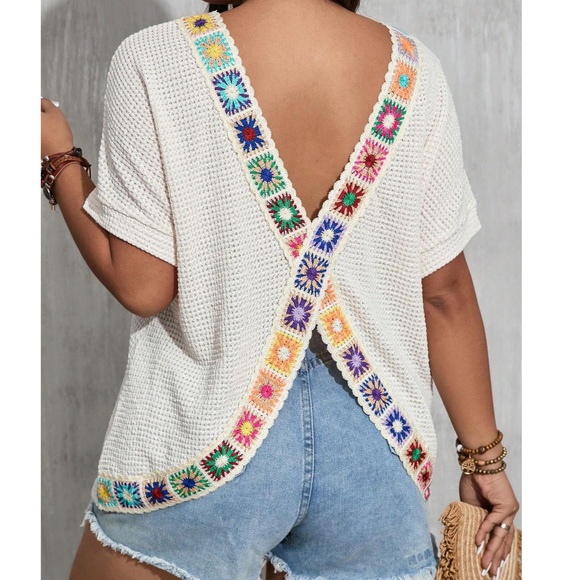 Plus Colorful Crochet Patchwork V back Top - Picture 1 of 5